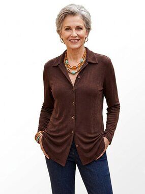 Chico’s private edition NWT dark brown long sleeve button down Derby jacket, M